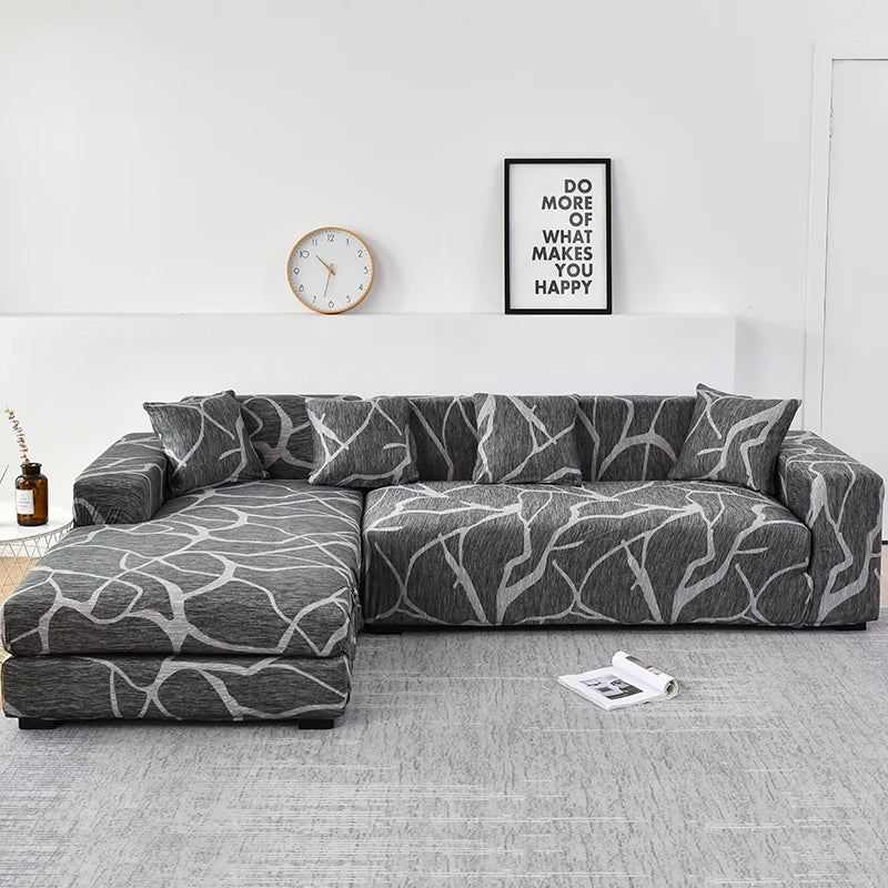 Housse Canapé Angle Extensible Motif Organique Gris