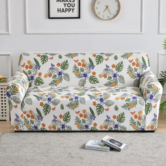 Housse de canapé blanche extensible à imprimé fleurs tropicales multicolores – ajustement parfait et protection complète