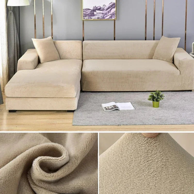 Housse de canapé d'angle en velours beige