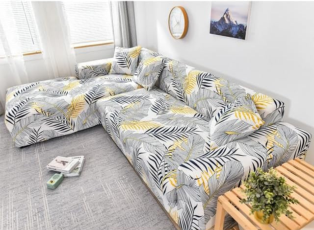 Housse de canapé d’angle extensible avec motif feuilles tropicales gris jaune noir