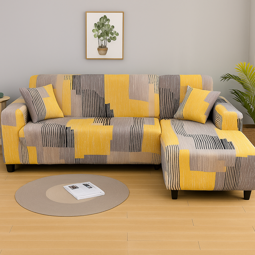 Housse de canapé d'angle extensible à motifs géométriques jaunes et gris dans un salon moderne