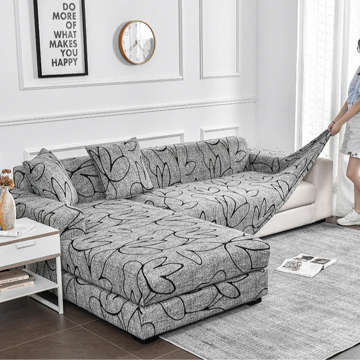 Housse de canapé extensible noir et blanc à motif floral moderne – ajustable et lavable