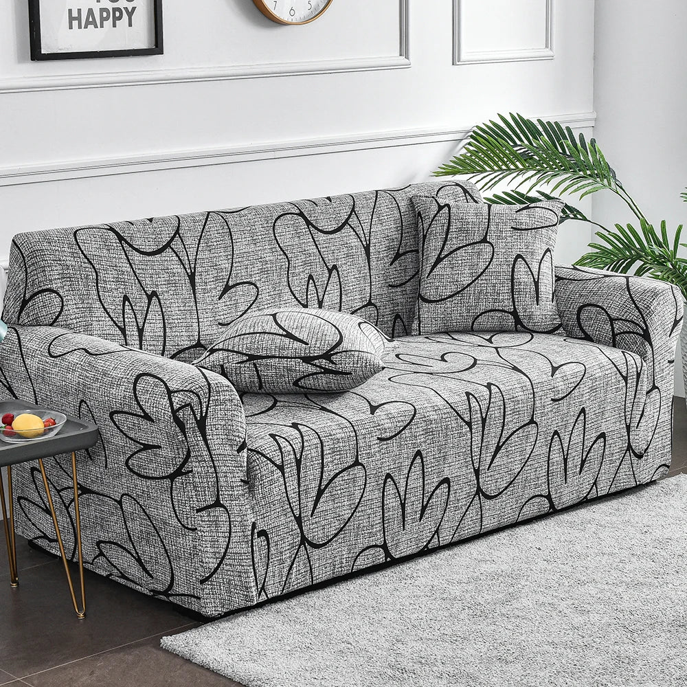 Housse de canapé extensible noir et blanc à motif floral moderne – ajustable et lavable