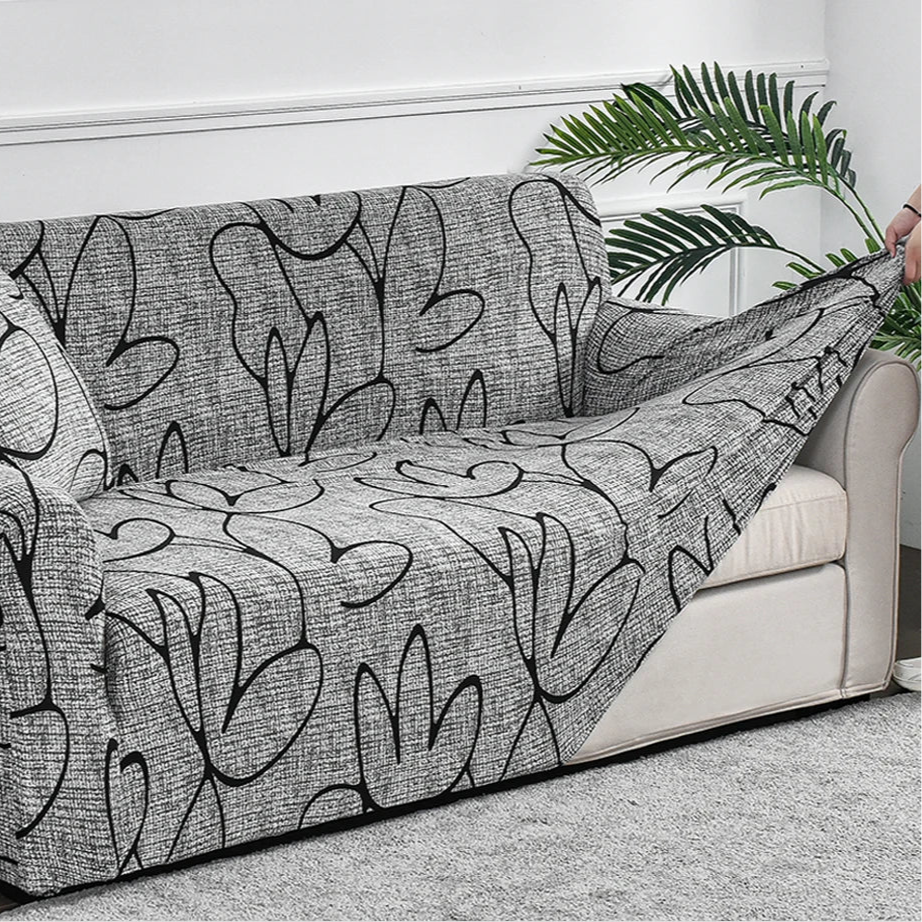 Housse de canapé extensible noir et blanc à motif floral moderne – ajustable et lavable