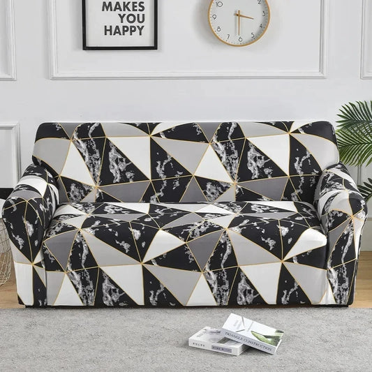 Housse de canapé motif géométrique noir blanc doré – extensible et moderne