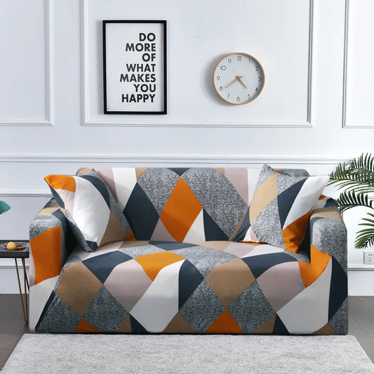 Housse de canapé à motifs losanges colorés orange, gris et bleu – moderne et extensible