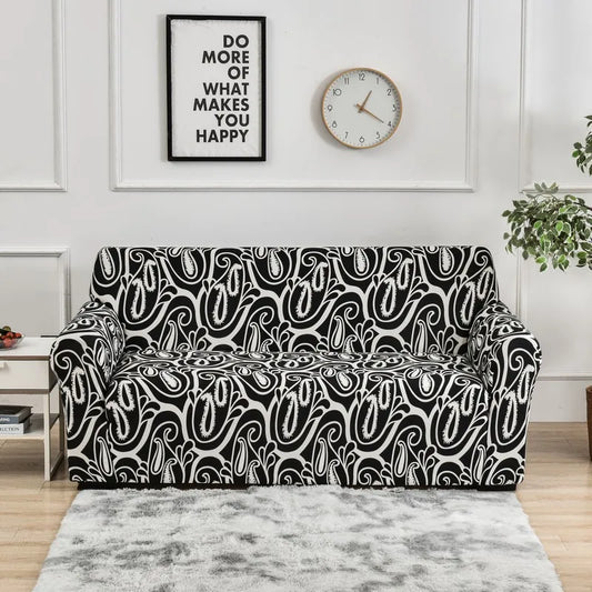 Housse de canapé noire à motifs blancs orientaux – extensible, chic et lavable