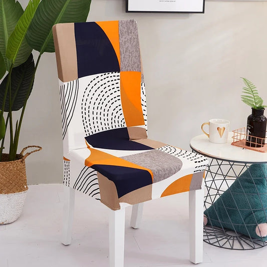 Housse de chaise extensible au design abstrait orange, beige et bleu marine – Style contemporain