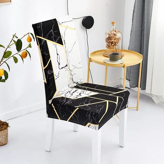 Housse de chaise extensible avec motif marbre noir et blanc et lignes dorées géométriques