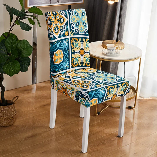Housse de chaise extensible à motif azulejos bleu et jaune, style méditerranéen