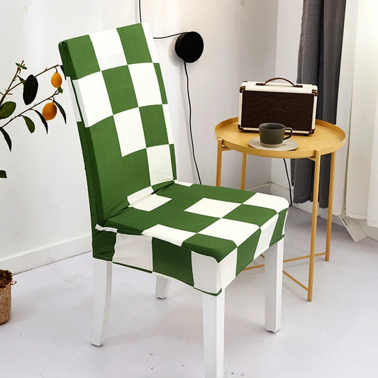 Housse de chaise extensible à motif damier vert et blanc pour chaise de salle à manger