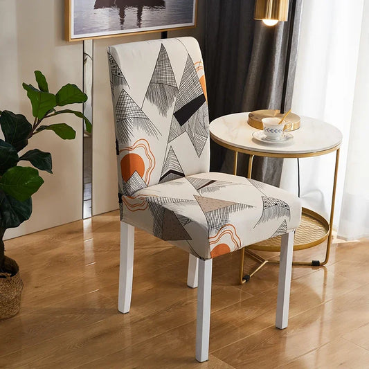Housse de chaise extensible motif géométrique beige et orange – style moderne et élégant