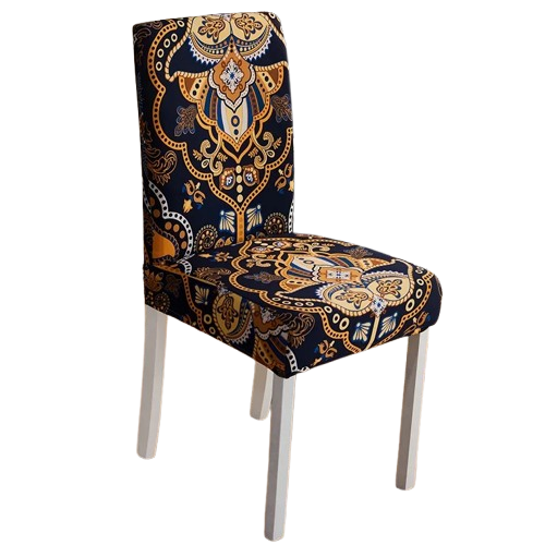Housse de chaise extensible à motif oriental doré sur fond bleu marine – style élégant et raffiné