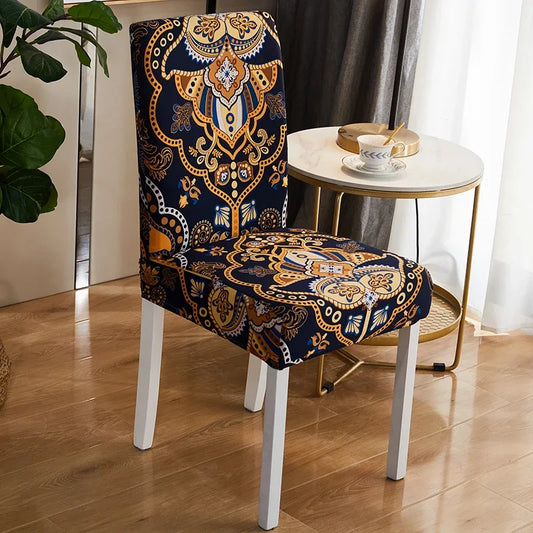 Housse de chaise extensible à motif oriental doré sur fond bleu marine – style élégant et raffiné