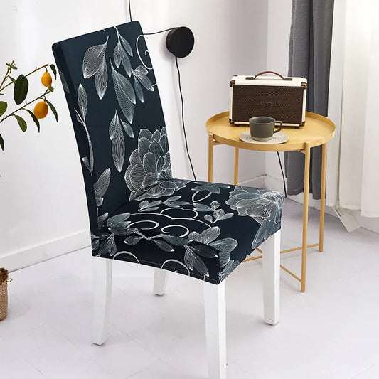 Housse de chaise extensible noire avec motif floral blanc – Style chic et élégant