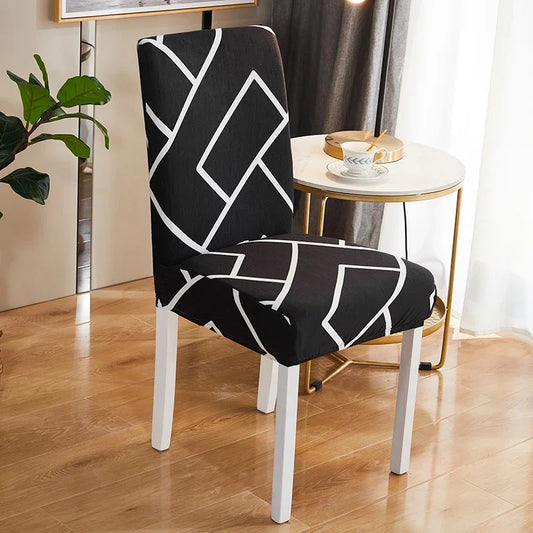 Housse de chaise extensible noire avec motif géométrique blanc moderne