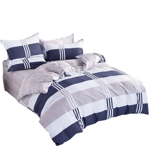 Housse de couette 100 % coton à larges rayures gris clair et bleu marine, posée sur un lit lumineux.