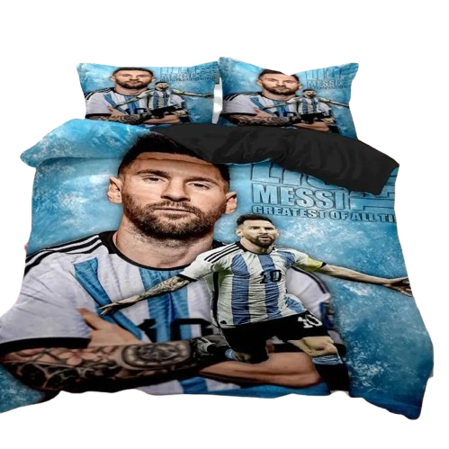 Housse de couette avec portrait 3D de Lionel Messi sur fond bleu.