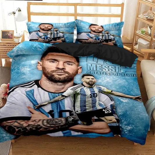 Housse de couette avec portrait 3D de Lionel Messi sur fond bleu.