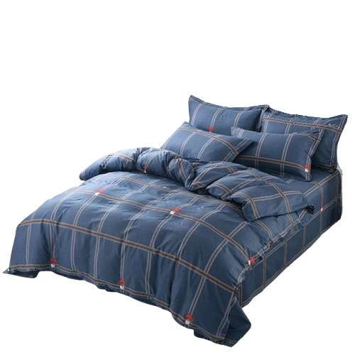 Housse de couette coton bleu à motif carreaux beige et marine, mise en scène sur un lit moderne.