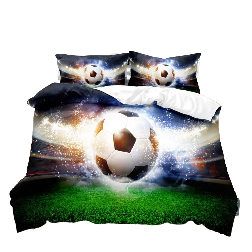 Housse de couette foot 3D « Explosion de but » : ballon de football en plein vol et effets de lumière dans un stade.
