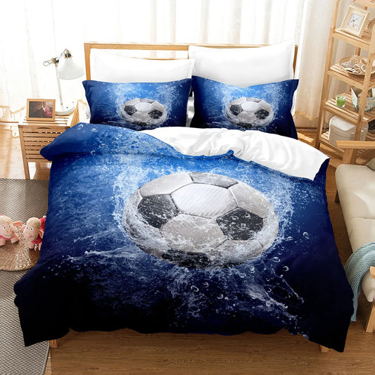Housse de couette foot 3D avec ballon de football jaillissant d’une gerbe d’eau, en micro-fibre polyester.