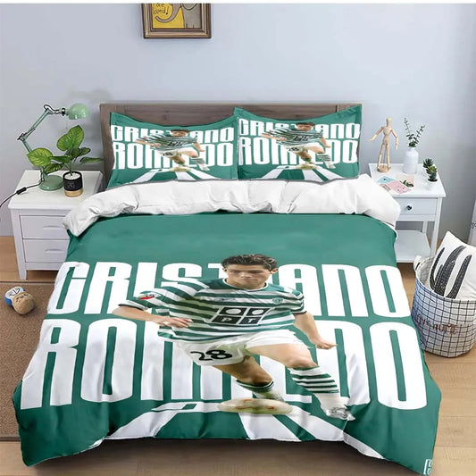 Housse de couette foot Cristiano Ronaldo CR7 Sporting Lisbonne vert et blanc, impression 3D sur microfibre polyester.