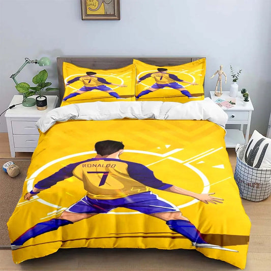 Housse de couette foot Cristiano Ronaldo CR7 couleur jaune, impression 3D sur microfibre polyester.