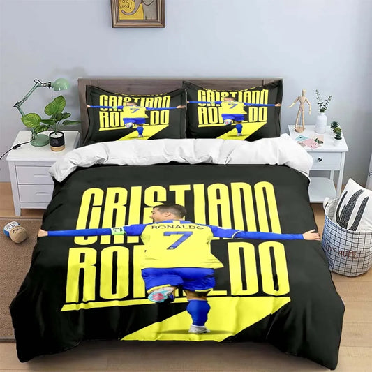 Housse de couette foot Cristiano Ronaldo CR7 jaune et noir en microfibre, impression 3D.