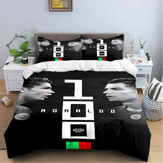 Housse de couette foot Cristiano Ronaldo édition noir et blanc 3D, microfibre polyester.