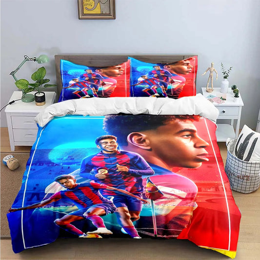 Housse de couette foot Neymar Jr. en impression 3D sur fond bleu, rouge et or.