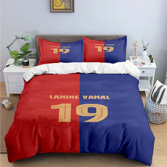 Housse de couette foot Yamal numéro 19 bicolore rouge et bleu.