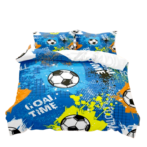 Housse de couette foot bleu « Goal Time » motif ballon de football imprimé 3D.