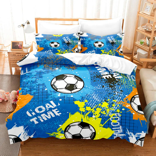 Housse de couette foot bleu « Goal Time » motif ballon de football imprimé 3D.