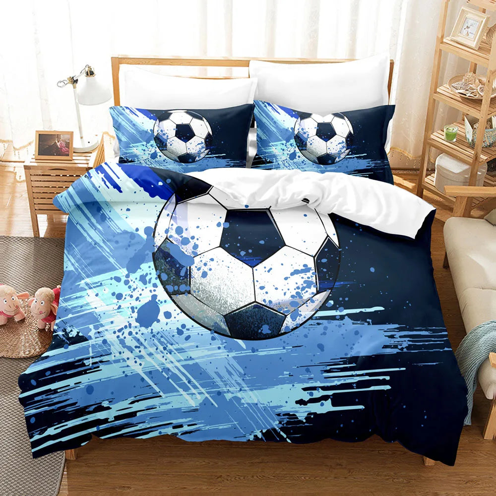 Housse de couette foot design 3D avec ballon de football et éclaboussures de couleurs, parure 3 pièces (couette + 2 taies)