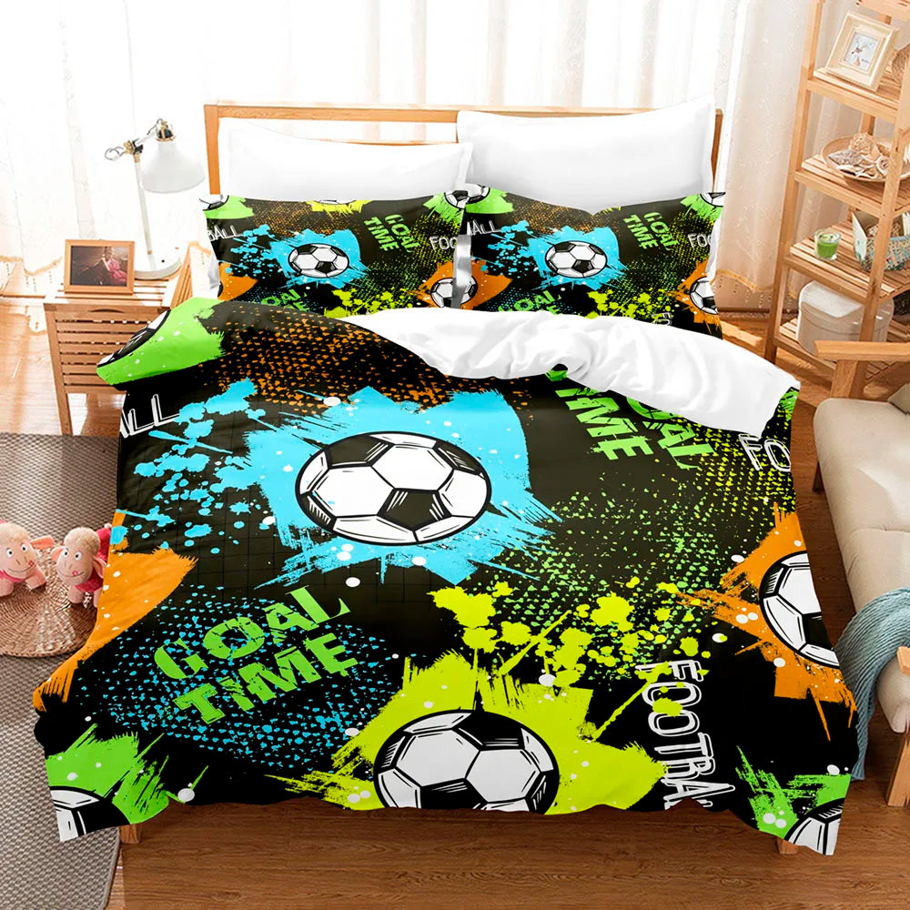 Housse de couette foot motif ballon de football 3D sur fond noir et taches de couleur