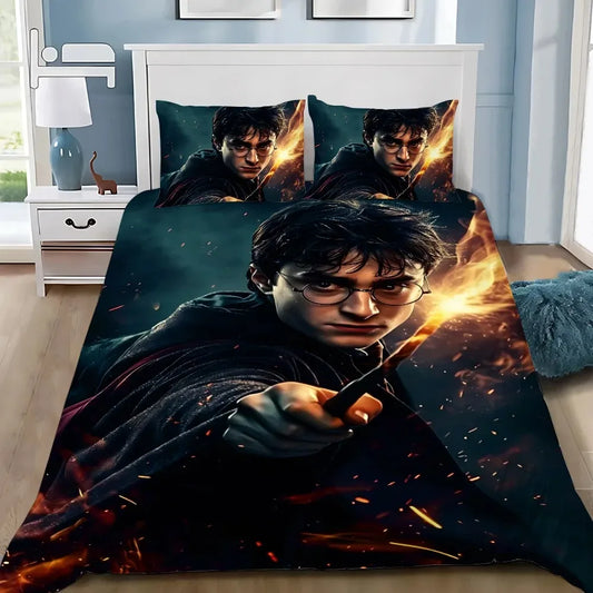 Housse de couette imprimée d’Harry Potter brandissant sa baguette dans un duel, sur un lit moderne.