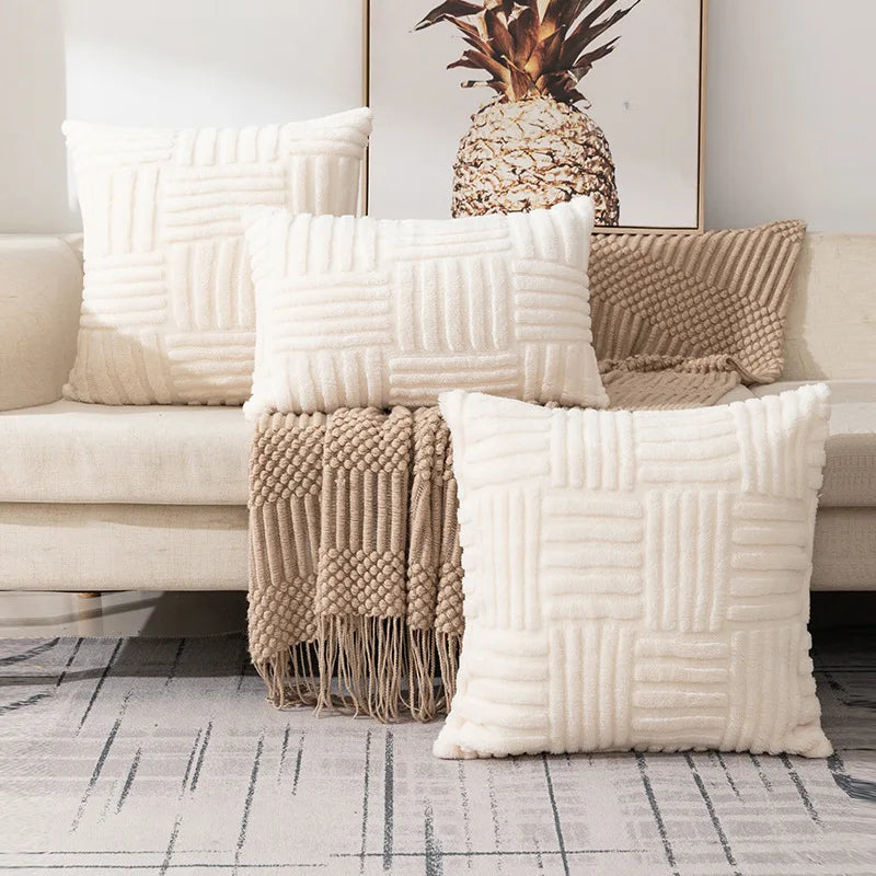 Housse de coussin boho géométrique en relief – Blanc – Déco moderne et cosy 45x45 cm