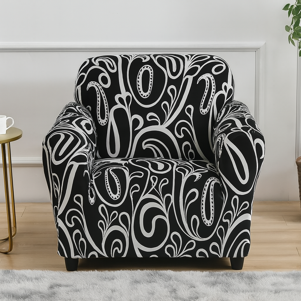 Housse de fauteuil noire à motifs blancs orientaux – extensible, chic et lavable