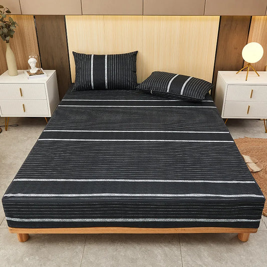 Housse de matelas imperméable à rayures noires et grises – Protège-matelas respirant coton & polyester