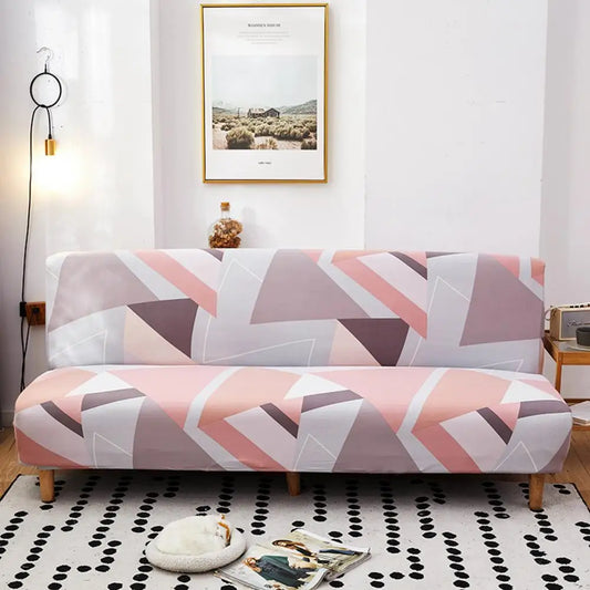 Housse extensible pour canapé-lit sans accoudoirs motif géométrique rose et taupe