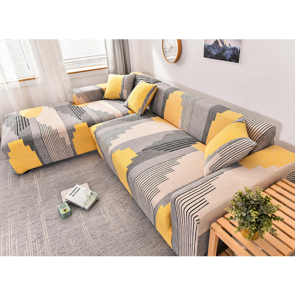 Housse extensible pour canapé d’angle avec motif graphique jaune et gris moderne
