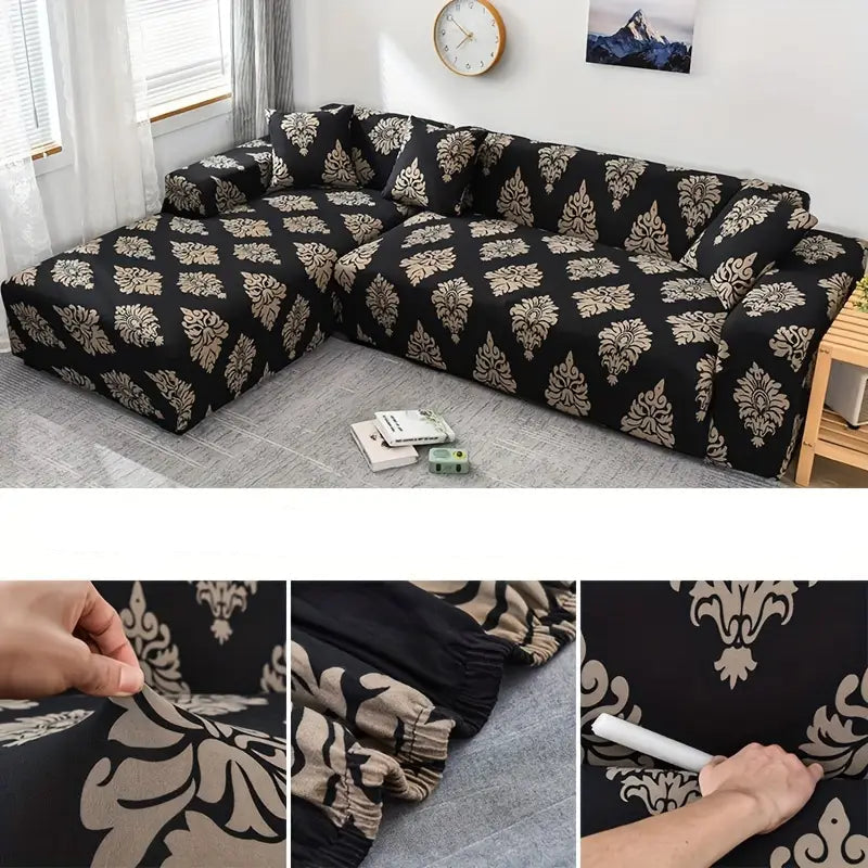 Housse extensible pour canapé d’angle noir à motif baroque beige