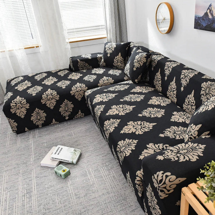 Housse extensible pour canapé d’angle noir à motif baroque beige – ajustable
