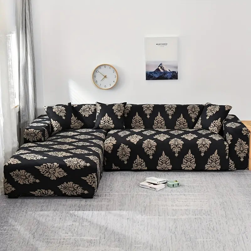 Housse extensible pour canapé d’angle noir à motif baroque beige – chic