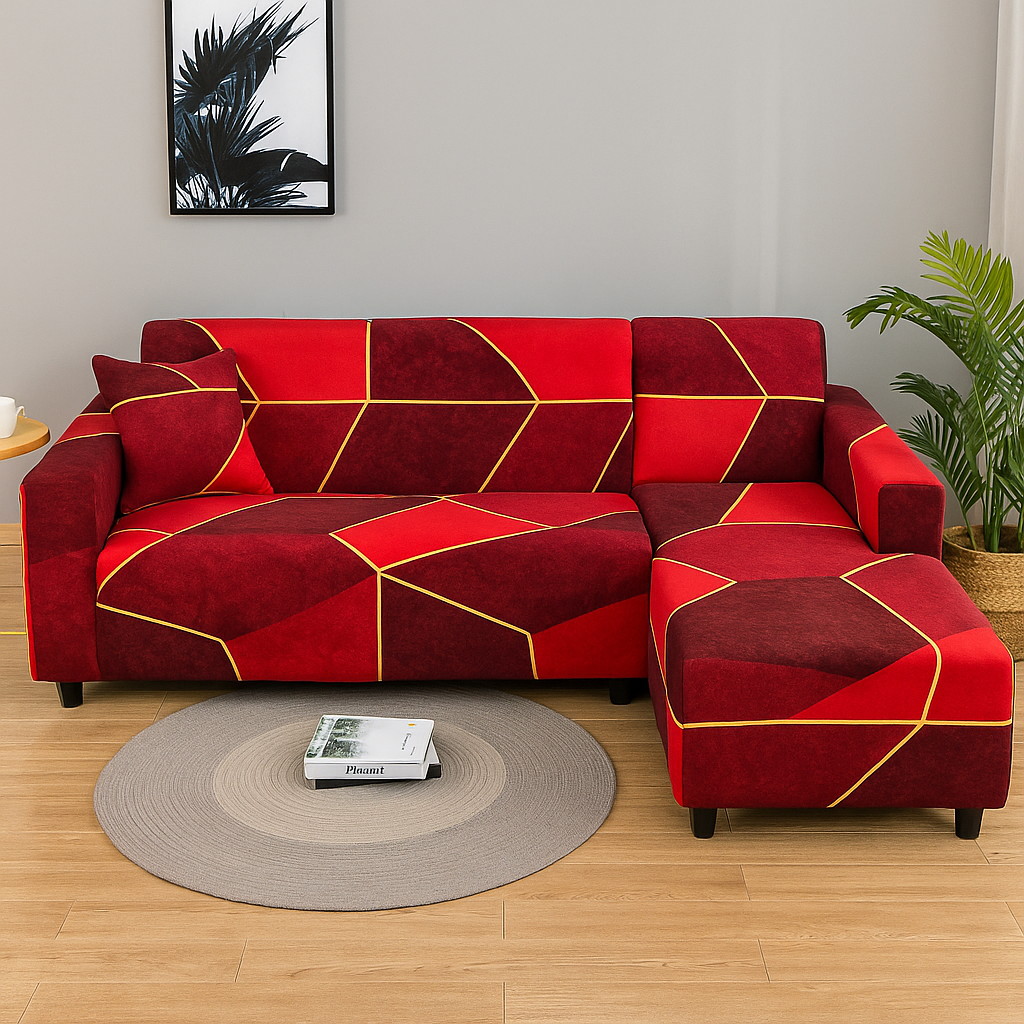 Housse extensible pour canapé d'angle rouge à motif géométrique