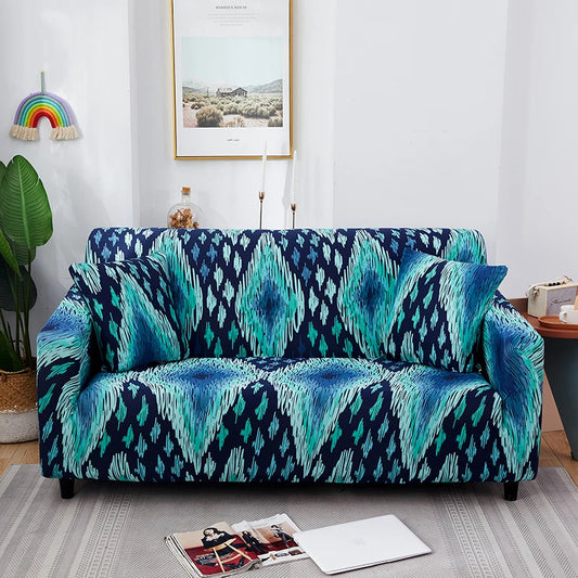 Housse extensible pour canapé motif ethnique bleu et turquoise dans un salon moderne