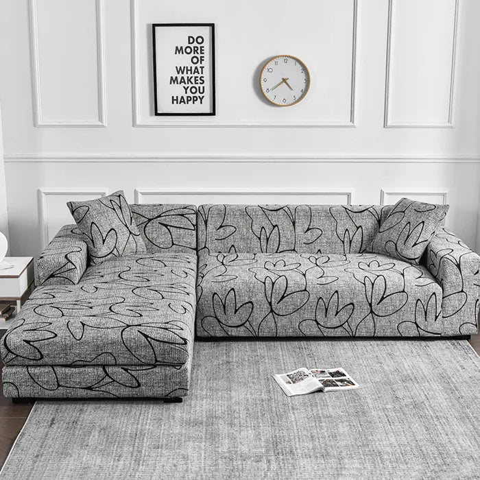 Housse pour canapé d’angle extensible grise avec motif floral noir – ajustable
