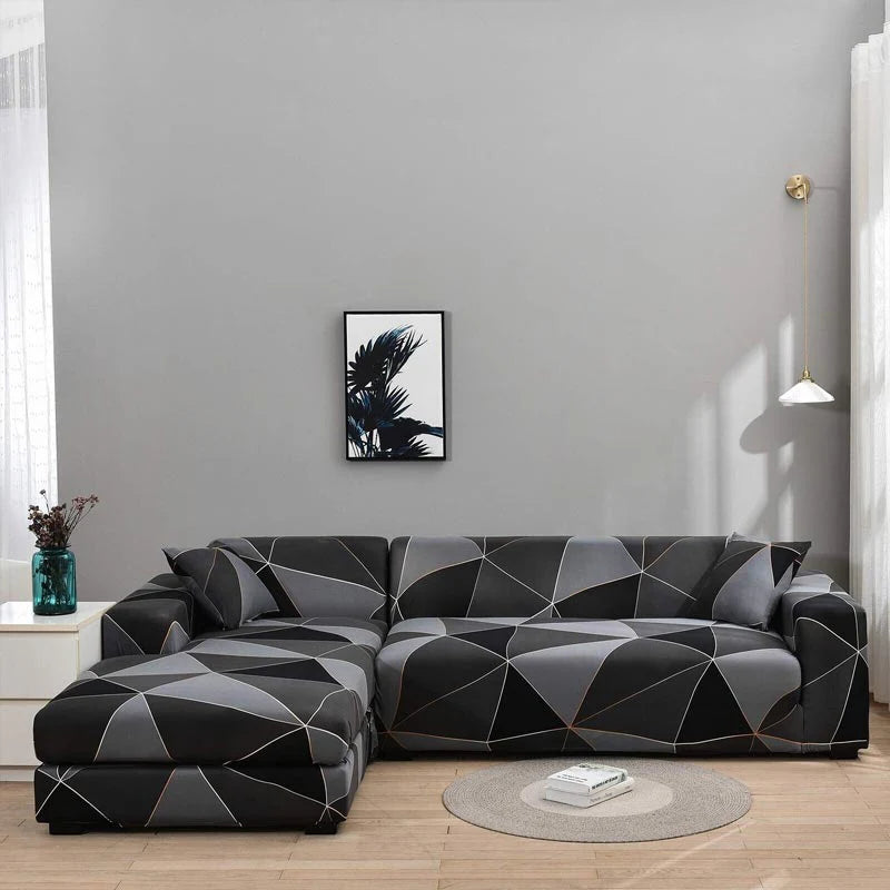 Housse pour canapé d’angle extensible noire à motif géométrique orange et blanc – ajustable et design