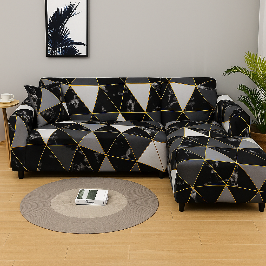 Housse pour canapé d'angle motif géométrique noir blanc doré – extensible et moderne